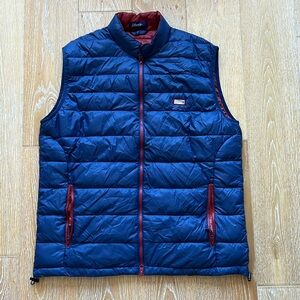 Johnnie O Quilted Vest.  Navy blue with red details.  Full zip.